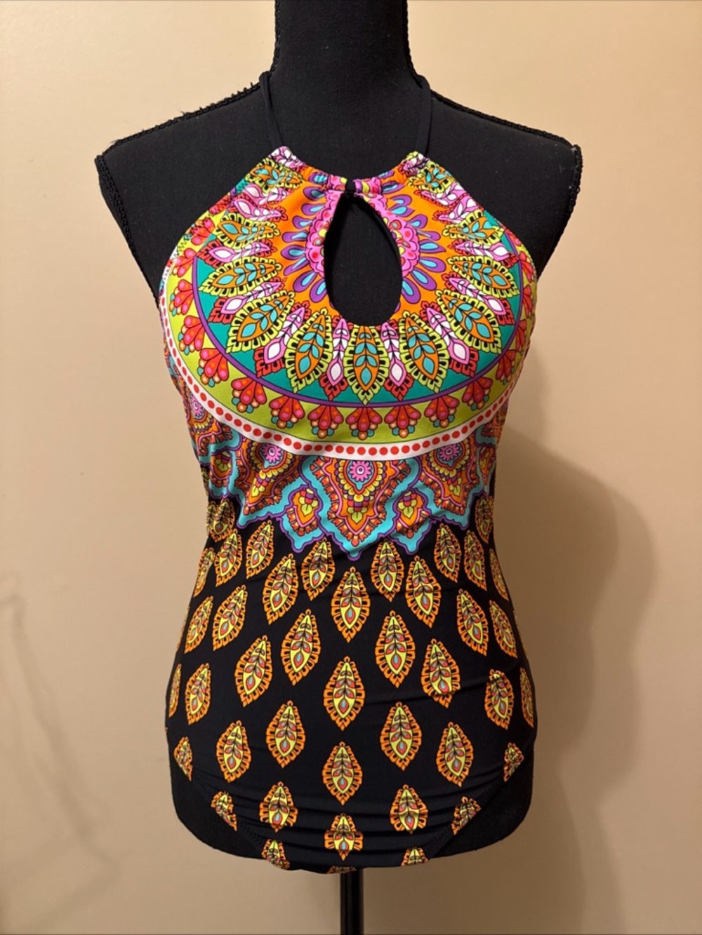 Trina Turk Black Multicolor Halter Keyhole One-Piece Swim Tank